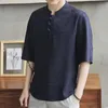 Men's Casual Shirts Plus Size Linen T Shirt For Men Cotton And Chinese Short Sleeve Buckle Loose In Summer.