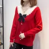 Women's Sweaters 4XL Big Size Sweater Women V Collar Bow Knitted Pullove Long Sleeve Patchwork Button Casual Loose Soft Clothing 2023
