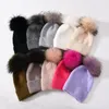 Beralar Unisex Düz Renk Kaşmir Beanie Kış Blok Deseni Gerçek Kürk Beanies Hat Kadınlar İçin Sıcak Kafatasları