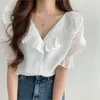 Kvinnor BLOUSES Fashion Korean Ruffled Women Summer Sweet Slim Clothes V Collar Ladies Tops Vintage Shirts NS5756