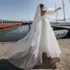 Vintage uzun sevgilim organze gelinlik, puf kolu ile A-line Fildişi Pleats Sweep tren gelin elbisesi yarık vestido de novia kadın elbiseler