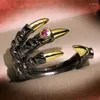 Anéis de cluster vintage punk homens dois tons tungstênio dragão garra vermelho zircão pedra incrustação retro motociclista rock personalidade jóias presente