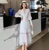 Casual Dresses Fashion Runway Women Pleated Party Dress Spring Sexy V Neck Lantern Sleeve Chiffon Patchwork Lace Bodycon Slim Long