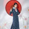 Ethnic Clothing A Life On The Left Women Blue Calico Improved Cheongsam Long Sleeve Stand Collar Slim Traditional Chinese Style Retro Skirt