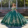 Green Shiny Sweetheart Off Shoulder Ball Gown Quinceanera Dresses 2024 Sweet 16 Princess Appliqued Flower Party Gowns Vestido De 15 Anos