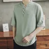 Men's Casual Shirts Plus Size Linen T Shirt For Men Cotton And Chinese Short Sleeve Buckle Loose In Summer.