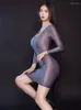 Casual Dresses Deep V-neck Glossy Shiny Long Sleeve Vestido Transparent Dress Tights Package Hip Minifalda Sexy Clubwear Lingerie Babydoll