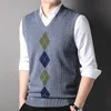 Gilet en laine pour hommes, gilet sans manches, col en v, épais, losange Jacquard, tricoté, collection automne et hiver 2022, HKD230828