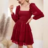 Casual Dresses Women 3/4 Puff Sleeve Smocked Layered Ruffle Short Dress Square Neck Off Shoulder Solid Color Flowy Swing A-Line