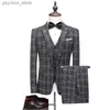 Spodnie ds. Płaszczów w stylu brytyjski Slim Fit | Plaid Duży rozmiar 5xl Wedding Groom High End 3 sztuki garnitury Set Kurtka Blazery Spodni Q230828