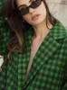 Womens Wool Blends Elegant Contraster Plaid Print Mid Length Coat Chic Lapel Long Lantern Sleeved Jacket Winter Lady High Streetwear 230828