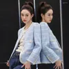 Kvinnors jackor kvinnor blå rutig för 2023 koreansk mode höst vinterkläder elegant o-hals kort ullrock kvinnor och rockar