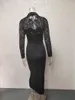 Casual Dresses 2023 Women Elegant Lace Long Sleeve Turndown Collar High Waist Cocktail Dress For Sexy Fashion Mesh Party Evening