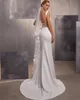 Elegant Long V-Neck Crepe Wedding Dresses Mermaid Sweep Train Ivory Buttons Back Vestidos de Novia Abendkleider Bridal Gowns for Women