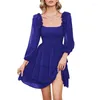 Casual Dresses Women 3/4 Puff Sleeve Smocked Layered Ruffle Short Dress Square Neck Off Shoulder Solid Color Flowy Swing A-Line