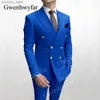 Gwenhwyfar Sky Blue Men Suits Double Breasted 2020 Senaste Design Gold Button Groom Wedding Tuxedos Best Come Homme 2 Pieces Q230828