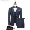 Spodnie ds. Płaszczów w stylu brytyjski Slim Fit | Plaid Duży rozmiar 5xl Wedding Groom High End 3 sztuki garnitury Set Kurtka Blazery Spodni Q230828