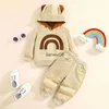 Set di abbigliamento 2023 Autunno Inverno Bambini Neonati maschi 2 pezzi Set di vestiti in cotone a maniche lunghe Arcobaleno stampato Felpe con cappuccio Pantaloni Suit Todlder Ragazzi Abiti x0828