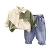 Clothing Sets 2023 Korean Spring Autumn Children Boy Two Piece Clothes Set Long Sleeve Spliced Shirt Jeans Pants Suit Toddler Baby Outfit