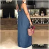 Abiti casual di base Abito lungo maxi in denim da spiaggia sexy Abito lungo da donna con scollo a V senza spalline Abiti solidi larghi senza schienale Plus Size Lunghezza pavimento V Dhp2D