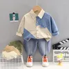 Clothing Sets 2023 Korean Spring Autumn Children Boy Two Piece Clothes Set Long Sleeve Spliced Shirt Jeans Pants Suit Toddler Baby Outfit