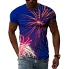 Homens camisetas Cor deslumbrante Fogos de artifício românticos Impressão de alta definição homens e mulheres crianças charme versátil em torno do pescoço manga curta