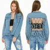 Women's Jackets High Street Tassel Jeans Jacket Backless Hollow Out Female Kpop Bandage Streetwear Casual Denim Washed Frayed Aesthetic