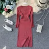 Casual Dresses 2023 Design Women's Fashion V-neck Lurex Patchwork Shinny Long Sleeve High Waist Knitted Vent Jag Dress