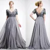 Mother Gray Long of the Bride V Neck Short Sleeves Appliques Beaded Chiffon Plus Size Evening Gowns Prom Dresses