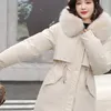 Jaqueta feminina parka moda longo casaco de lã forro com capuz parkas jaqueta de inverno fino com gola de pele quente neve usar roupas acolchoadas l230826