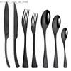 Zoseil 7Pcs/Set Dinnerware Cutlery Set Wester Knife Dessert Fork Spoon Fork Mirror Black 304 Stainless Steel Flatware Silverware Q230828