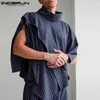 Tops 2023 American Style Fashion Men Pinstripe Vests Casual Streetwear Turtleneck Breathable Mesh Irregular Cloak S-5XL HKD230828