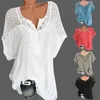 Blusas femininas verão com decote em v manga longa botão de cor sólida roupas casuais blusa solta moda tshirts gaze oco retalhos topo