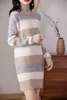 Womens Sweaters Mid Length Thickened Sweater Classic High Neck Contrast Stripe Long Pullover 100% Wool Winter Warm Dress Versatile 230828