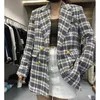 Mode coréenne Plaid Tweed Blazers femmes automne Vintage Double boutonnage matelassé coton costume veste élégante dame Chic manteau 2023 nouveau HKD230825