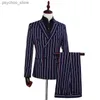 Business Double Striped Dress Suit Men Double Breasted Mens Navy Blue Blazer Jacket With Pants Grooms Singer Host DJ Suits Homme Q230828