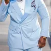 Men s kostymer blazers ljusblå smala passform män med dubbel bröst ed lapel brudgum tuxedos för bröllop prom 2 bit manlig modejacka byxa 230828