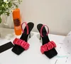 Sandały designerskie buty dla kobiet luksusowe szkiełko sandałowe w satynie stiletto pięta otwartego kwadratowego palca EU34-40 z pudełkowymi sukienkami na przyjęcie weselne