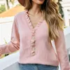 Suéteres de mujer Suéter de punto de color sólido con cuello en V profundo Botón Jerséis de gran tamaño Tops Manga larga Ropa de estilo elegante para puente