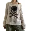 Women's Sweaters ZZLBUF Women Skull Print Sweater Hollow Out Gothic Long Sleeve Knit Crochet Loose Jumper Top Punk Pullover Streetwear