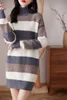 Womens Sweaters Mid Length Thickened Sweater Classic High Neck Contrast Stripe Long Pullover 100% Wool Winter Warm Dress Versatile 230828