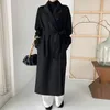 Womens Wool Blends Long Coat Autumn and Winter Simple Casual Loose Laceup Windbreaker Jacket with Sashes Black 230828