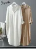 Podstawowe sukienki swobodne Syiwidii ​​Długa biała sukienka koszuli dla kobiet bawełniana wiosna jesień swobodne koreańskie odzież vintage ponadwymiarowa szata midi luźne kardigany 230828
