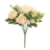 Flores decorativas artificial rosa rosa casamento com haste 7 cabeças po adereços falso buquê de flores decoração do jardim ornamentos