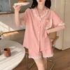 Kvinnors sömnkläder koreansk version av damerna pyjamas v-ringning kortärmade shorts set sommar spets prinsessor vind flickor hem lounge slitage