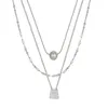 Hänghalsband designar tre-lagers halsband pärlor och inlagd zirkon trapezoidal form rostfritt stål mode smycken för kvinnor