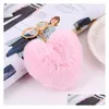 Keychains Lanyards Pom Keychain Pompom Key Chain Heart Ball Fluffy Faux Rabbit Fur Keyring Ring Women Bag Charms Fashion Accessories Dh97N