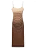 Casual Dresses Beach Style Print Tulle Dress For Women Summer Female Straight Neck Thin Strap Pleated Decoration Sexy Camisole Midi