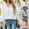 Damestruien Dames Effen kleur Gebreide trui Diepe V-hals Knop Oversize truien Tops Lange mouwen Elegante stijl Kleding voor truien