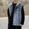 Mode Hip Hop hommes à capuche Denim gilet coupe ajustée Multi poches sans manches gilet hauts Vintage décontracté s grande taille HKD230828